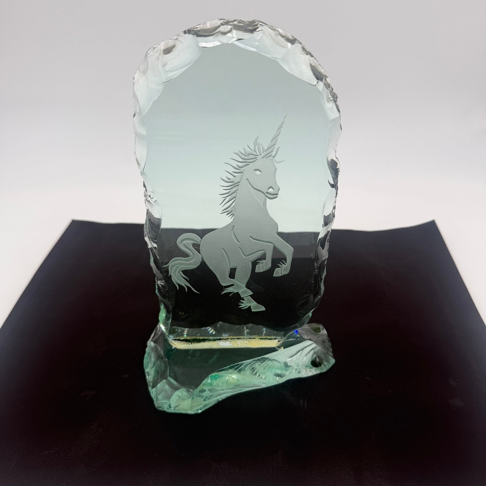 Etched Glass Unicorn Figurine 9" Green Tint Fantasy Art Glass 1980s